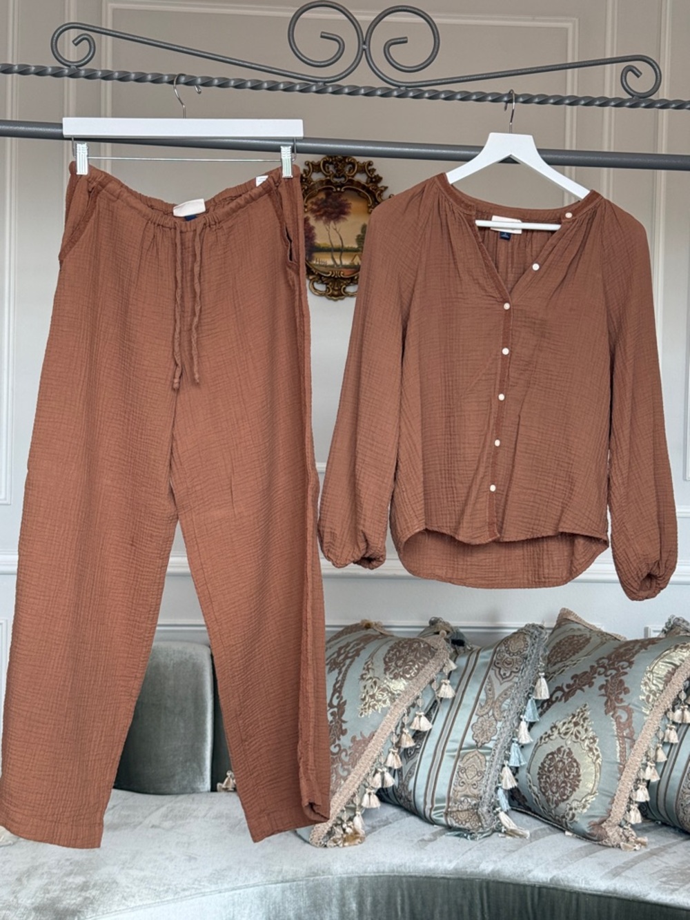 Universal Thread Rust Two-Piece Gauze Top & Wide-Leg Pants S/M